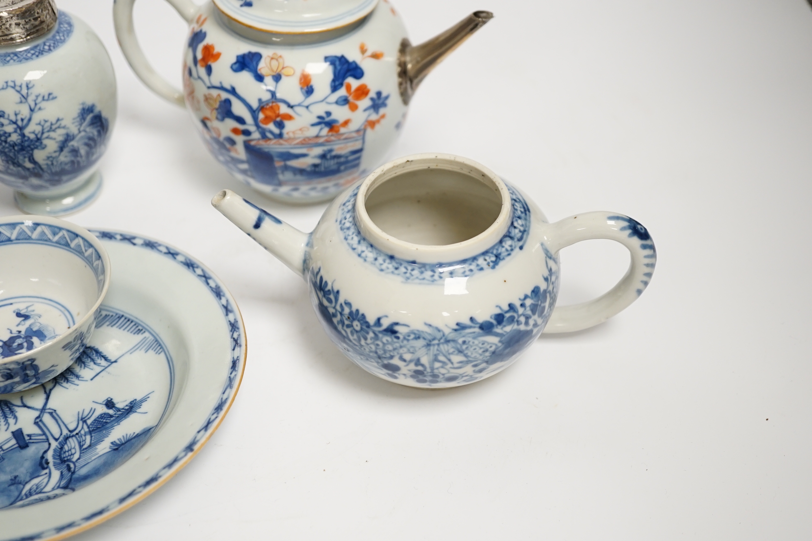 18th / 19th century Chinese export porcelain: two teapots, a tea canister, a plate and a teabowl, tallest 14cm